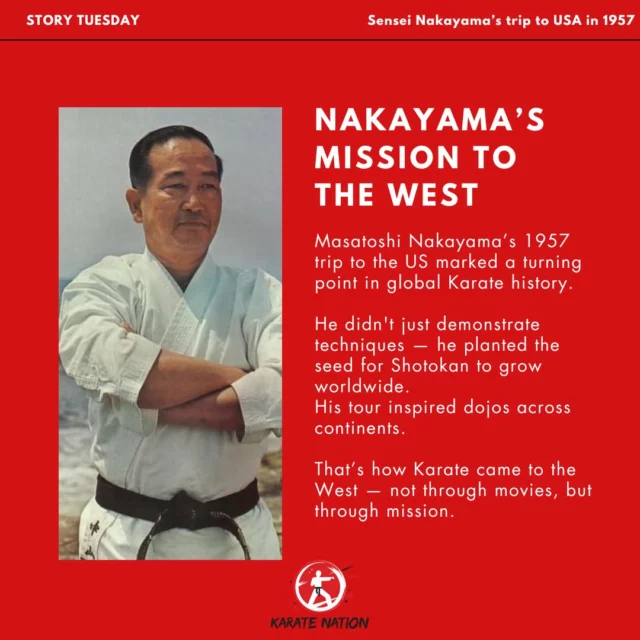 📖 Story Tuesday – Nakayama’s Mission to the West

In 1957, Nakayama Masatoshi, Chief Instructor of the Japan Karate Association, boarded a plane bound for the United States.
It wasn’t a vacation.
It was a mission.

Karate had only recently gained structure in post-war Japan, and the world had barely heard of Shotokan.
Nakayama arrived to demonstrate something no one had seen before:
A system built on precision, timing, and discipline — not brute force.

He led seminars, taught at universities, and performed public demonstrations.
His sharp techniques and philosophy stunned audiences.
No theatrics. Just real Karate.

This trip sparked a domino effect:
Dojo after dojo opened, first in California, then across the US and beyond.
More instructors followed.
And the global spread of Shotokan began.

🌍 Karate didn’t travel through cinema.
It traveled through courage, culture, and commitment.
And Nakayama-sensei was at the heart of it.

#StoryTuesday #NakayamaSensei #KarateHistory #ShotokanJourney #JKA #KaratePioneers #MartialArtsLegacy #KarateDo #KarateSpirit #BushidoPath #WeAreKarate #KarateNation #TraditionAndInnovation #KarateWorldwide #KarateRoots #DojoHistory